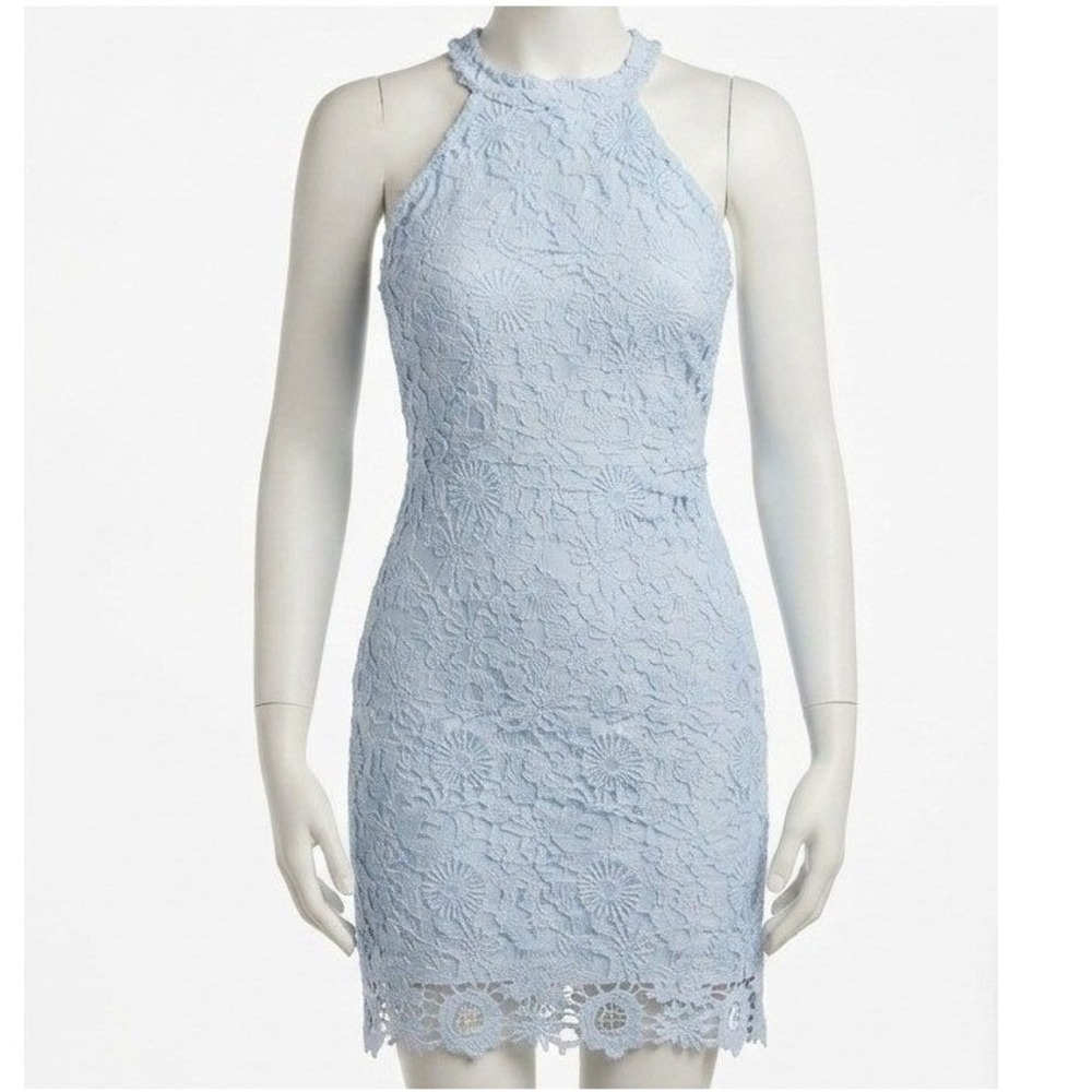 Lulus Love Poem Light Blue Mini Floral Lace Coquette Halter Dress XS NWT